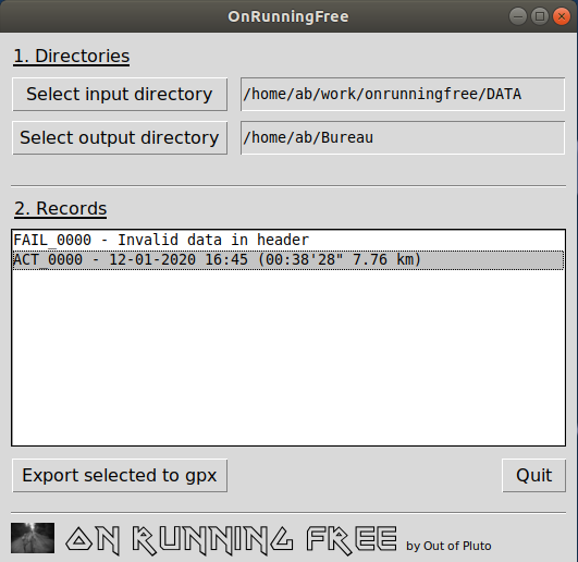 Interface de l'application OnRunningFree 0.1 sur Linux