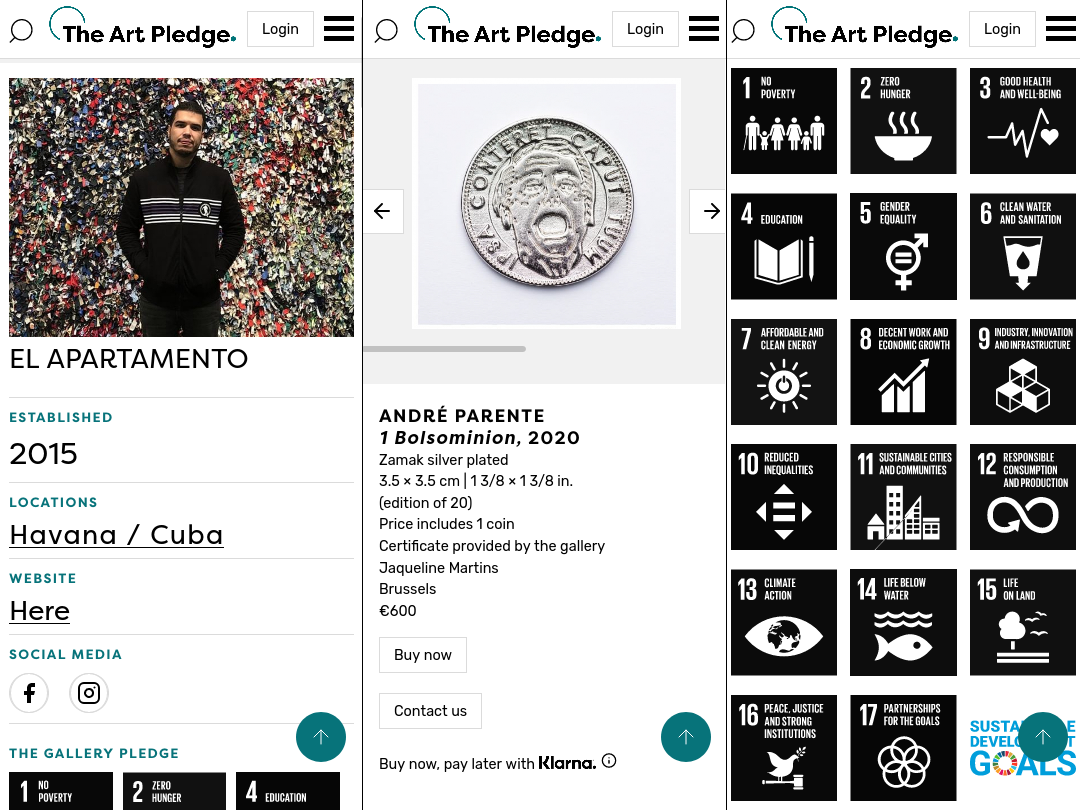 Screenshots of a gallery page, an artwork page, and the UN goals page for mobile